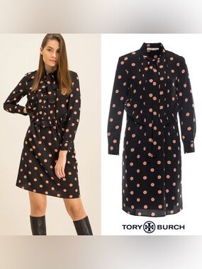 Tory Burch Black Long-Sleeve Polka Dot Shirt Dress with Pink Dots 100% Silk